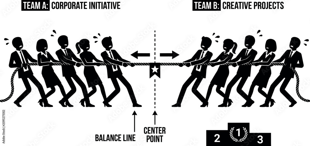 Fototapeta premium Business Tug of War Competition Diagram with Corporate Initiative Team and Creative Projects Team Pulling Rope Across Center Line Infographic