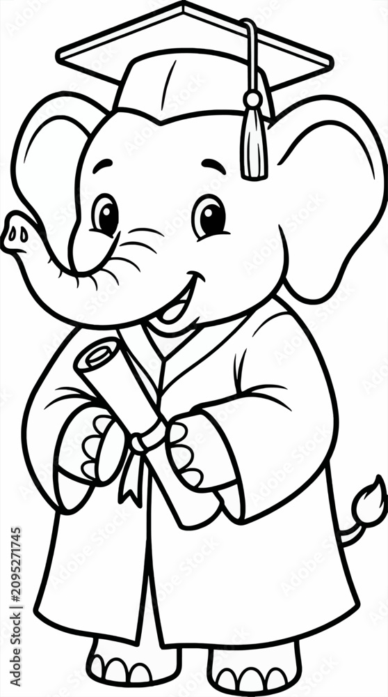 Fototapeta premium Cute Baby Elephant Cartoon Wearing Graduation Cap and Gown Holding Diploma Scroll, Black and White Outline Illustration