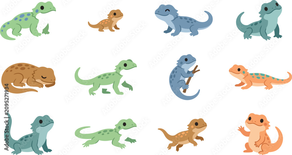Obraz premium Set of cute lizard characters in flat vector style, collection of colorful bearded dragons for kids education