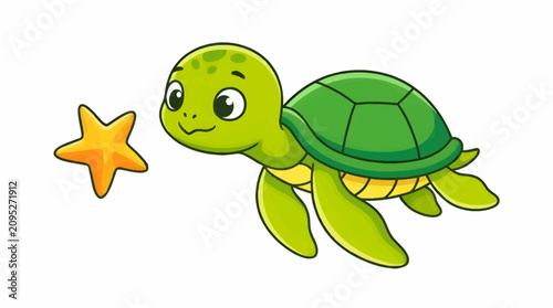 Adorable Cartoon Sea Turtle Swimming Towards a Yellow Starfish, Vector Graphic, Cute Ocean Life Illustration with Flat Design and White Background