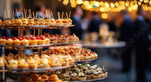 Elegant multi-tiered serving stand filled with assorted bite-sized appetizers and canapés at a festive cocktail reception with warm bokeh lights
