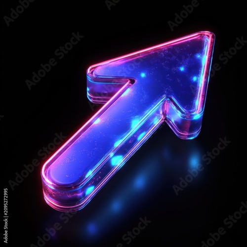 glowing translucent neon arrow pointing up-right with blue inner glow and pink edges, sparkling particles and glossy futuristic look conveying energetic optimistic forward motion