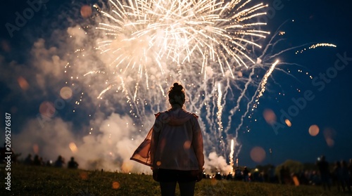 A person stands silhouetted, watching a stunning fireworks display fill the night sky. A peaceful, celebratory moment capturing the magic of holidays and special evening events.