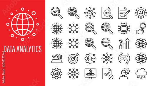   Data analytics icon set with thin line symbols for global business SEO marketing artificial intelligence technology and research management