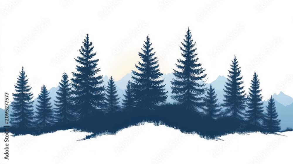 Obraz premium tranquil blue silhouette of pine forest on snowy ridge with layered mountains and soft rising sun