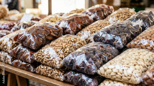 Dried fruits and nuts packaged in clear bags, stacked on display at outdoor market stall, promoting healthy eating and natural food products.