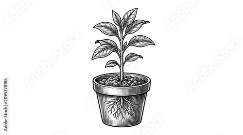 Photos Potted plant sapling with roots vintage engraving.