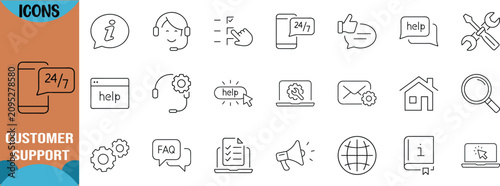 Customer service support line icons. headset icon set, gear icon set, wrench icon set