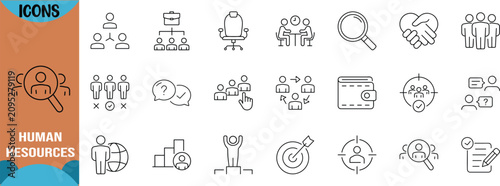 Business management human resources icons. briefcase icon set, handshake icon set, target icon set