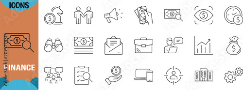Business finance marketing line icons. money icon set, briefcase icon set, graph icon set
