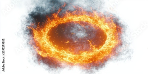 Fiery burning ring of flames and smoke with glowing embers and dark smoky core, dramatic intense energy and eruptive sparks