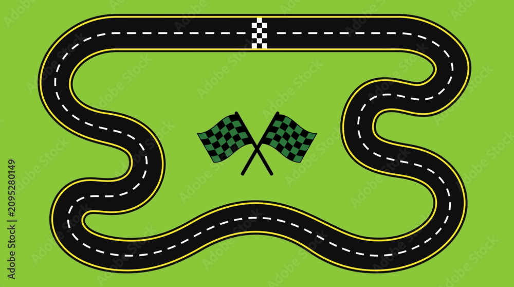 Fototapeta premium Top-Down Winding Race Track Illustration with Checkered Flags