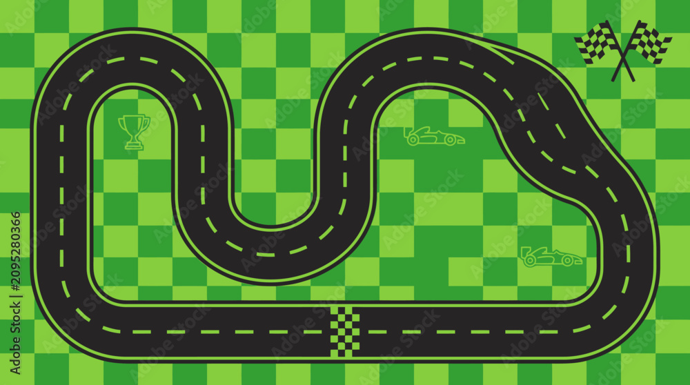 Obraz premium Top View Illustration of a Winding Race Track Circuit on Green Checkered Background