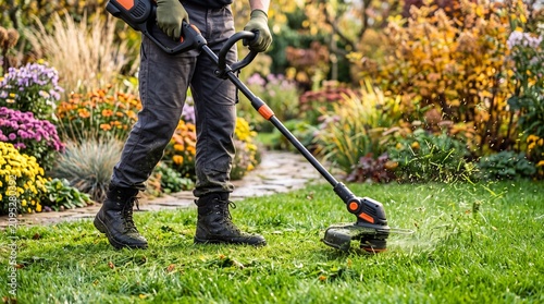 Professional landscaper using string trimmers to cut lawn grass in a vibrant flower garden with autumn foliage and outdoor plants.