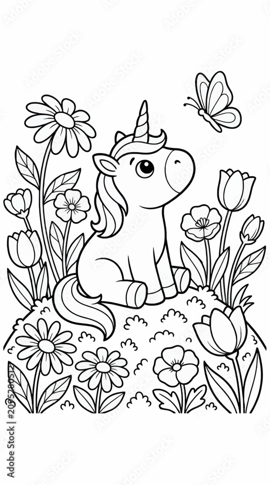 Fototapeta premium Adorable Baby Unicorn Sitting in a Field of Flowers with a Butterfly, Black and White Outline Illustration for Coloring Pages, Cute Fantasy Creature with Tulips and Daisies, Whimsical Garden Scene