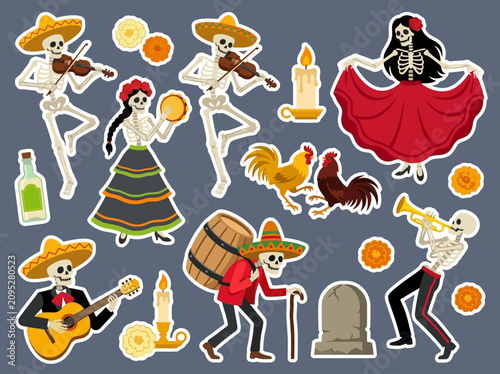 Canvastavla Day of the Dead Sticker Set with Dancing Skeletons, Mariachi Musicians, and Mexi