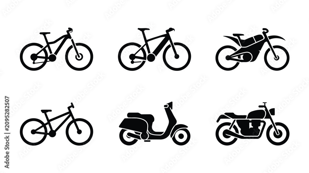 Obraz premium Seamless vector pattern with minimalist bicycle and electric scooter silhouettes