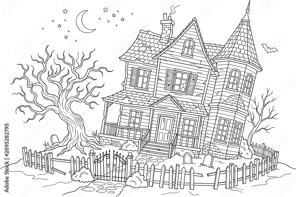 Fototapeta premium Haunted House Coloring Page with Graveyard Fence and Twisted Tree