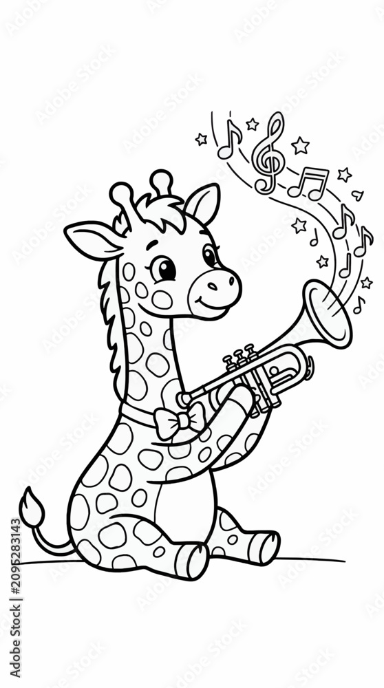 Fototapeta premium Cute Baby Giraffe Cartoon Playing Trumpet with Musical Notes and Stars, Black and White Line Art Illustration, Vector Graphic for Coloring Page