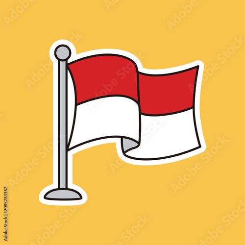 Waving Indonesian Flag on Metal Pole Cartoon Sticker Vector