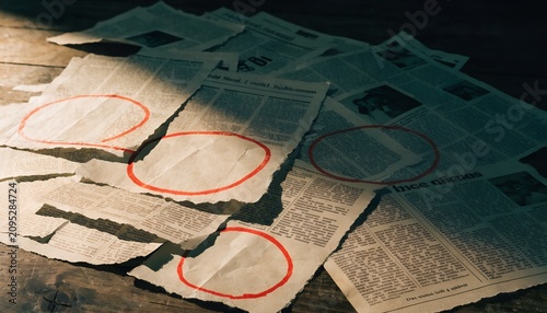 Pile Of Old Newspaper Clippings With Red Ink Circles Highlighting Information On A Dark Wooden Table