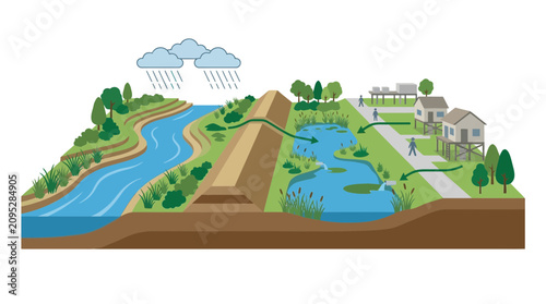 Tableau sur toile Flood Management System with River and Detention Basin Illustration