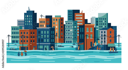Schilderij op canvas Flooded City Street with People and Buildings Illustration