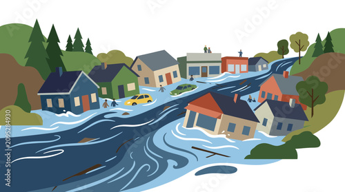 Photos Illustration of a Flooded Residential Neighborhood with Submerged Houses