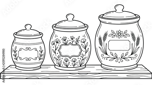 Foto Vintage kitchen canisters line art, ceramic storage jars with floral patterns on