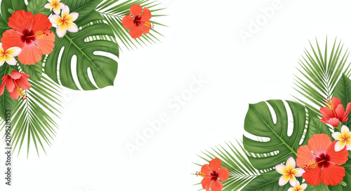 Tropical Hibiscus and Plumeria Flowers Frame Background with Copy Space