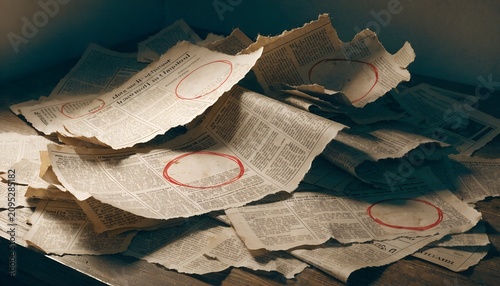 Stack Of Old Vintage Documents With Red Circle Markings Scattered On A Dark Dusty Surface