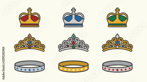 Принти на полотні Collection of Flat Design Royal Crowns, Tiaras, and Circlets with Gemstones and