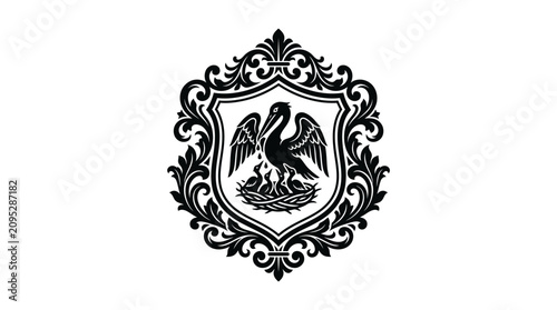 Foto Pelican heraldic crest with nest and ornate border