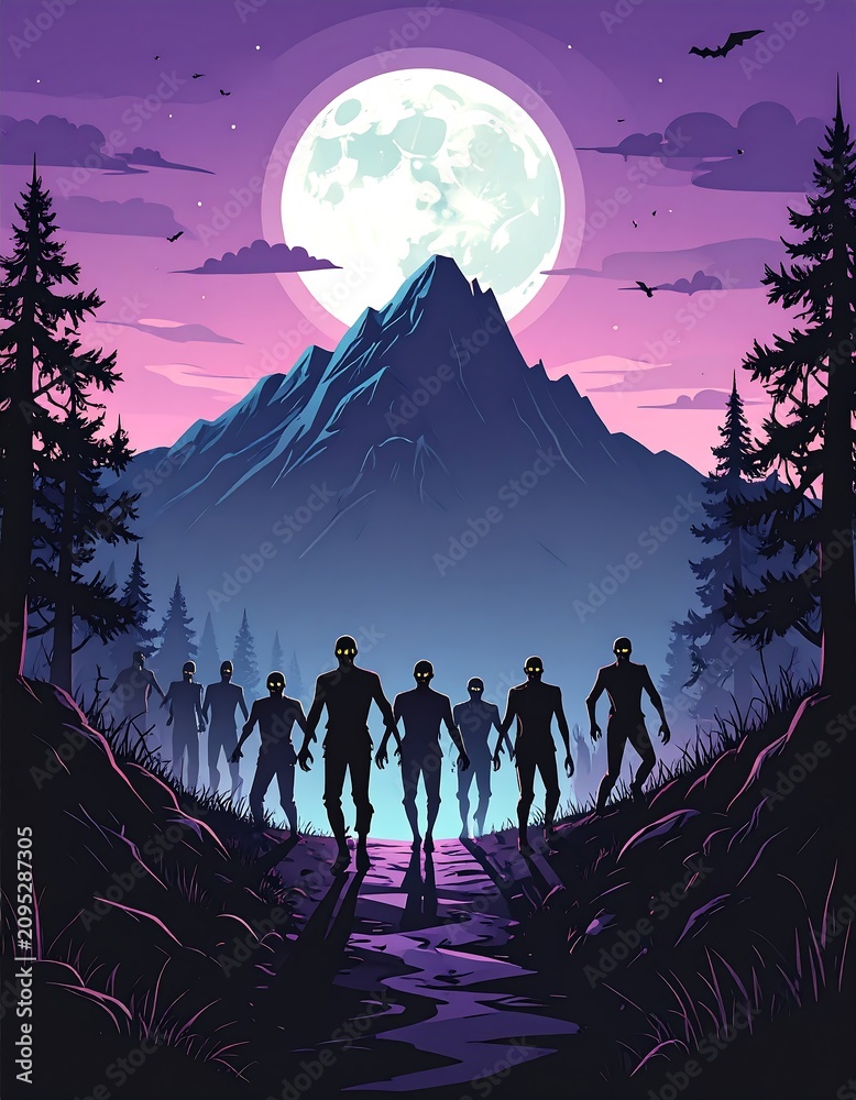 Naklejka premium Zombies walk mountain path under moon