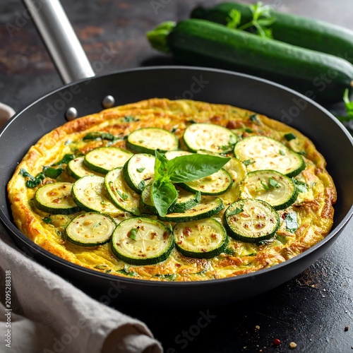 Zucchini frittata in a pan, topped with sliced zucchini and basil. Background features additional zucchini