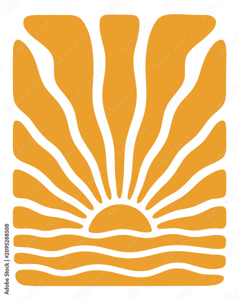 Fototapeta premium Sunrise over water with wavy lines orange and white abstract design element decorative symbol