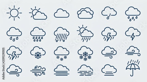 Weather icons set sun clouds rain snow lightning line art illustration