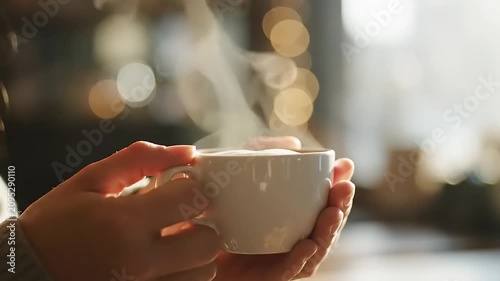 Hands holding a steaming cup of hot coffee with soft bokeh background