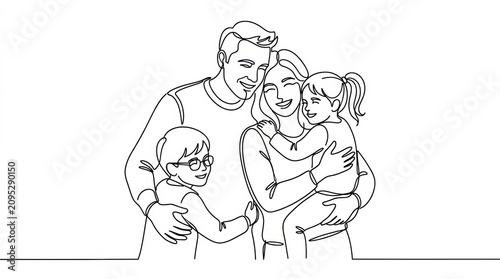 Family portrait line art loving parents with children in a minimalist style