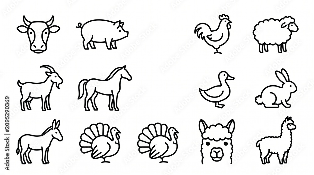 Obraz premium Farm and Domestic Animals Line Art Icons Set. Collection of Livestock, Pets, and Poultry including Cow, Pig, Horse, Sheep, Chicken, Llama, Rabbit, and Turkey Outlines on White.