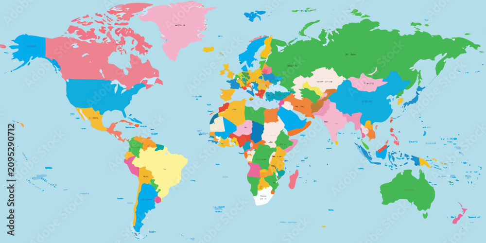 Fototapeta premium political world map colorful flat design on light blue background geography country borders global vector continent earth geographic illustration graphic