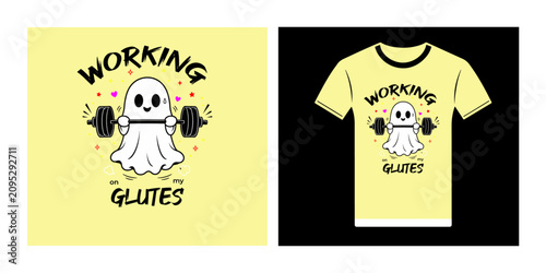 Cute ghost lifting barbell with text working on my glutes on yellow cartoon weightlifting