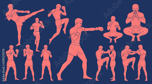 Bild auf Leinwand Muay Thai Kickboxing Fighter Poses Collection Illustration