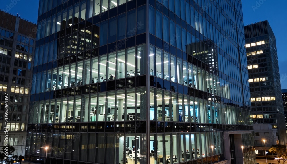 Obraz premium Modern Office Skyscrapers Illuminated at Night