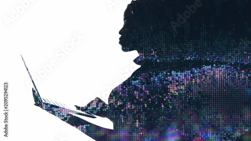 Digital network. AI silhouette. Double exposure neon light pixel glitch profile outline of woman using laptop isolated on white empty space.