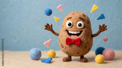 Cheerful potato character juggling colorful confetti on sandy beach. Animated root vegetable with bow tie performing tricks amid vibrant party deco...