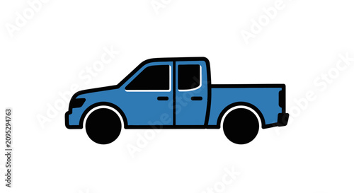 Cartoon-style illustration of a blue pickup truck on a white backdrop, simple design