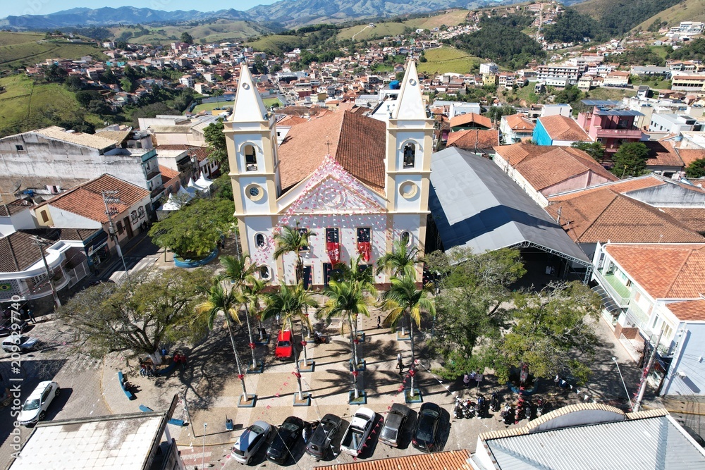 Fototapeta premium Drone aerial view of Nossa Senhora da Conceicao Church and historic downtown Cunha Sao Paulo Brazil