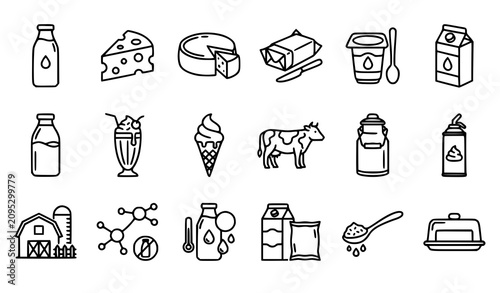 Obraz na plátně Dairy Food and Milk Outline Icons Thin Line Vector Set