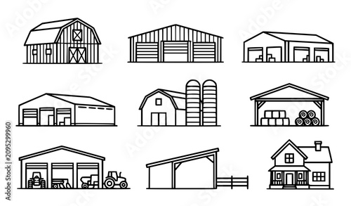 Photos Barn and Farm House Line Icon Set Vector Agricultural Grain Storage Collection